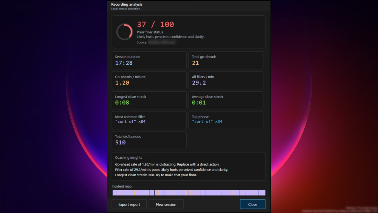 Goaheadinator recording analysis report with metrics, coaching insights, and an incident map