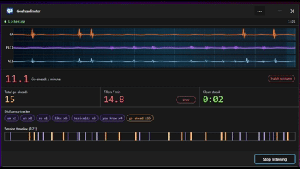 Goaheadinator recording analysis showing filler count, go-ahead rate, clean streaks, top phrases, coaching insights, and an incident map.