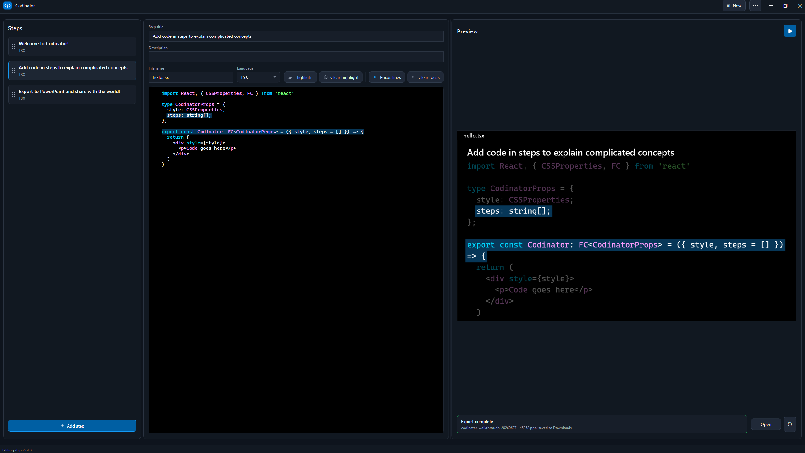 Codinator screen showing steps and code