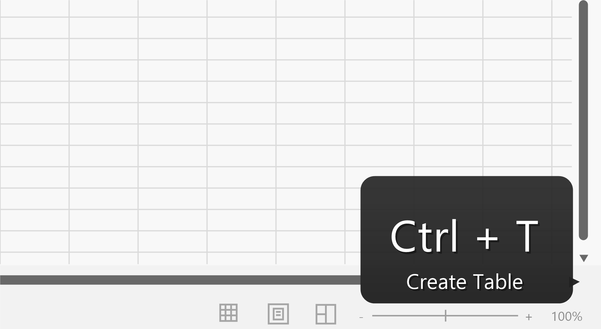 Keyboardinator showing Ctrl + T and Create Table over a spreadsheet.