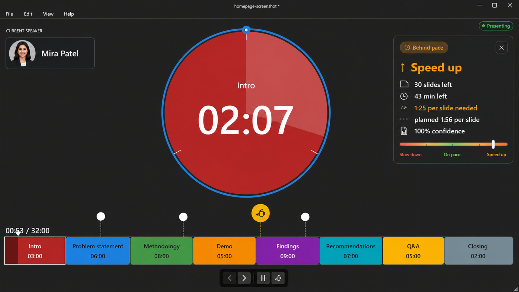 Timerinator pace analysis panel showing no live pace until slide tracking starts