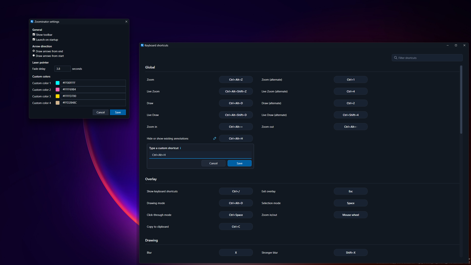 The settings and shortcut keys dialog