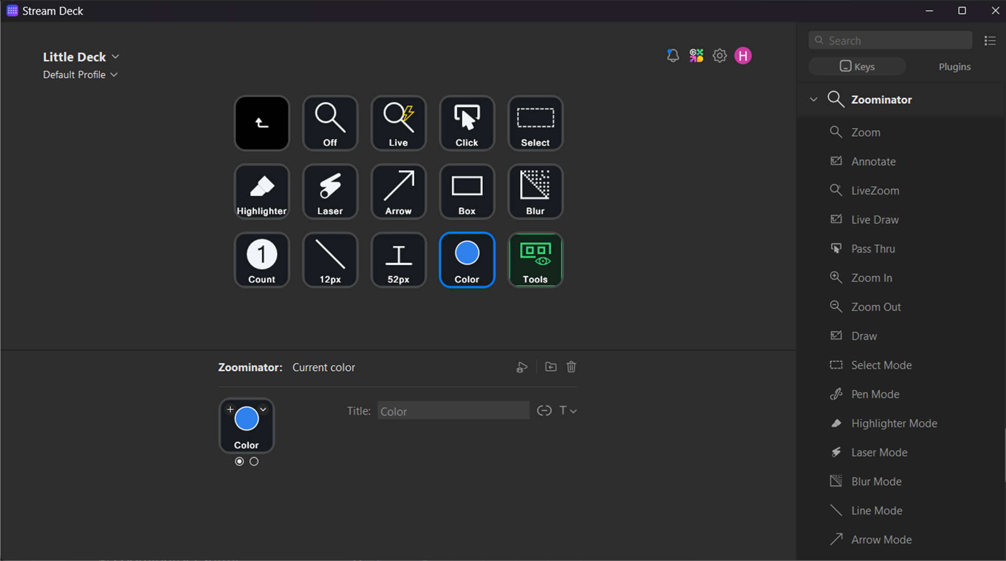 The streamdeck app with Zoominator buttons.